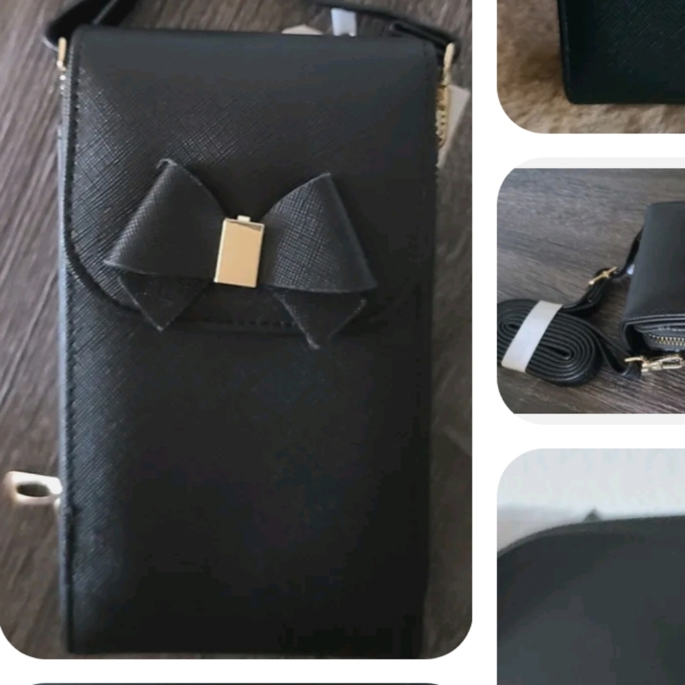 PARK AVE COLLECTION PHONE CROSSBODY BAG BLACK MULTI SECTIONAL DETACHABLE STRAP